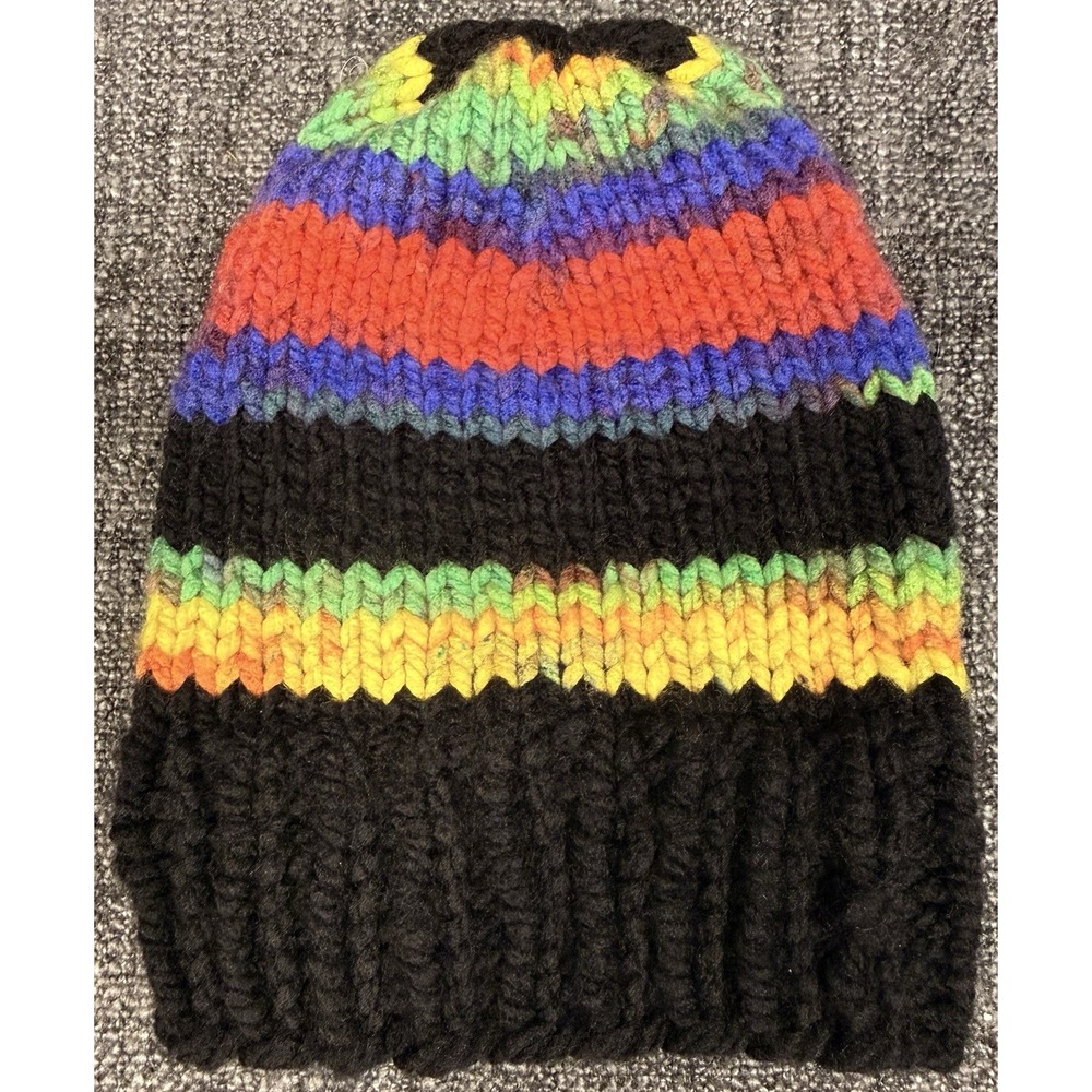 Handmade Kids Chunky Knit Rainbow Striped Boho Rasta Vibes Acrylic Winter Hat